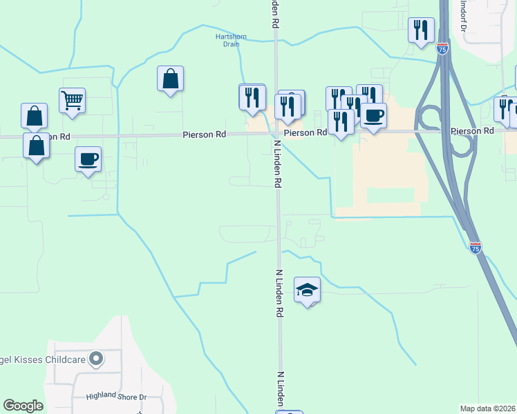 map of restaurants, bars, coffee shops, grocery stores, and more near 3415 North Linden Road in Flint