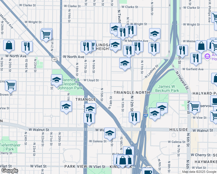 map of restaurants, bars, coffee shops, grocery stores, and more near 2025 North 14th Street in Milwaukee