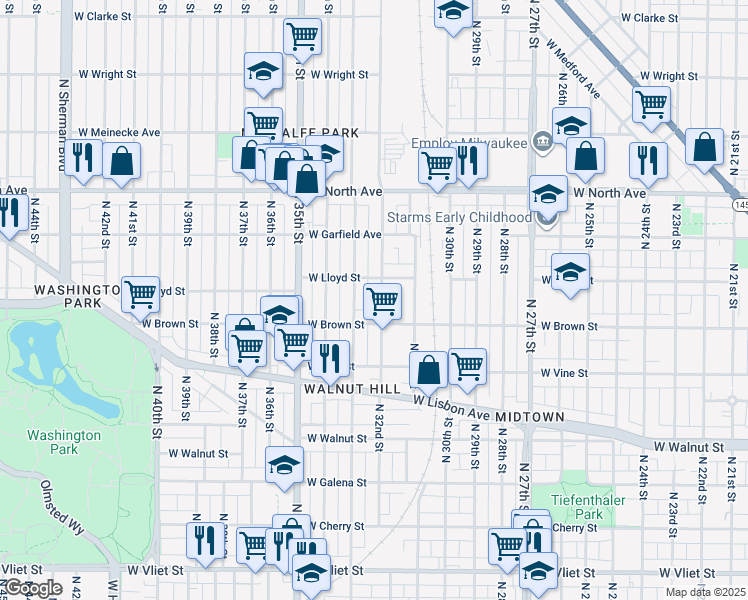 map of restaurants, bars, coffee shops, grocery stores, and more near 2053 North 32nd Street in Milwaukee