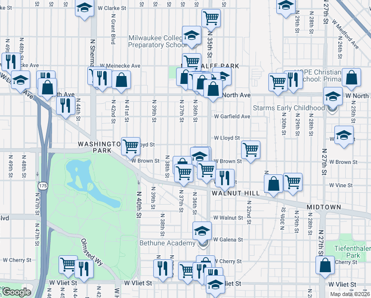 map of restaurants, bars, coffee shops, grocery stores, and more near 2039 North 37th Street in Milwaukee