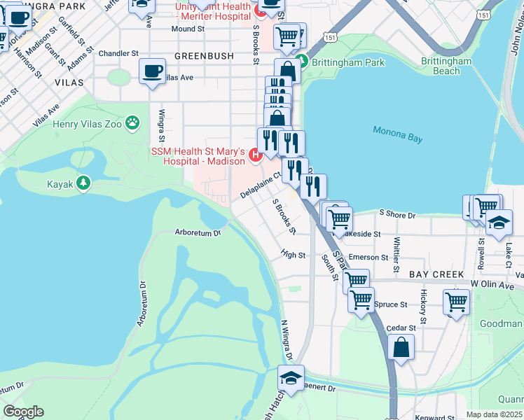 map of restaurants, bars, coffee shops, grocery stores, and more near 906 South Brooks Street in Madison