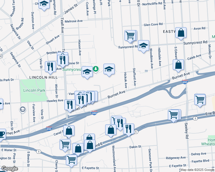 map of restaurants, bars, coffee shops, grocery stores, and more near 327 Vann Street in Syracuse