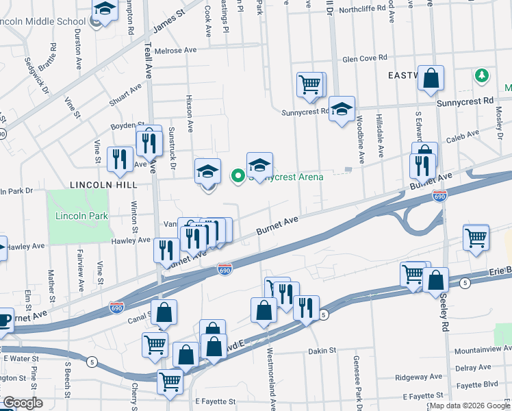 map of restaurants, bars, coffee shops, grocery stores, and more near 327 Vann Street in Syracuse