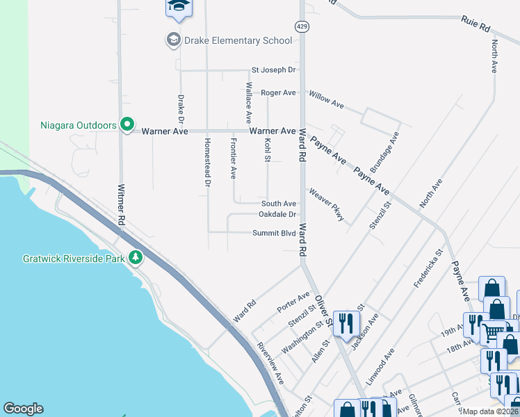 map of restaurants, bars, coffee shops, grocery stores, and more near 339 South Avenue in North Tonawanda