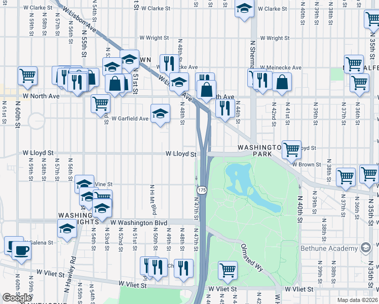 map of restaurants, bars, coffee shops, grocery stores, and more near in Milwaukee