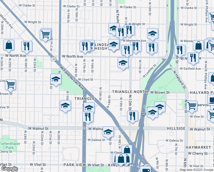 map of restaurants, bars, coffee shops, grocery stores, and more near 2025 North 14th Street in Milwaukee