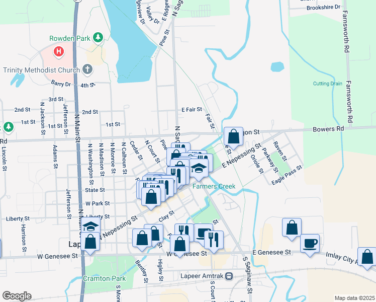 map of restaurants, bars, coffee shops, grocery stores, and more near 20 Mill Street in Lapeer