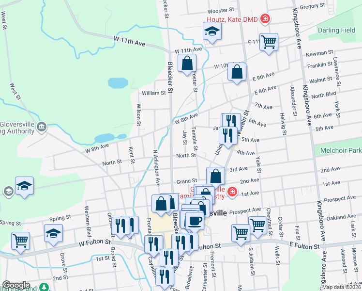 map of restaurants, bars, coffee shops, grocery stores, and more near 15 Jay Street in Gloversville
