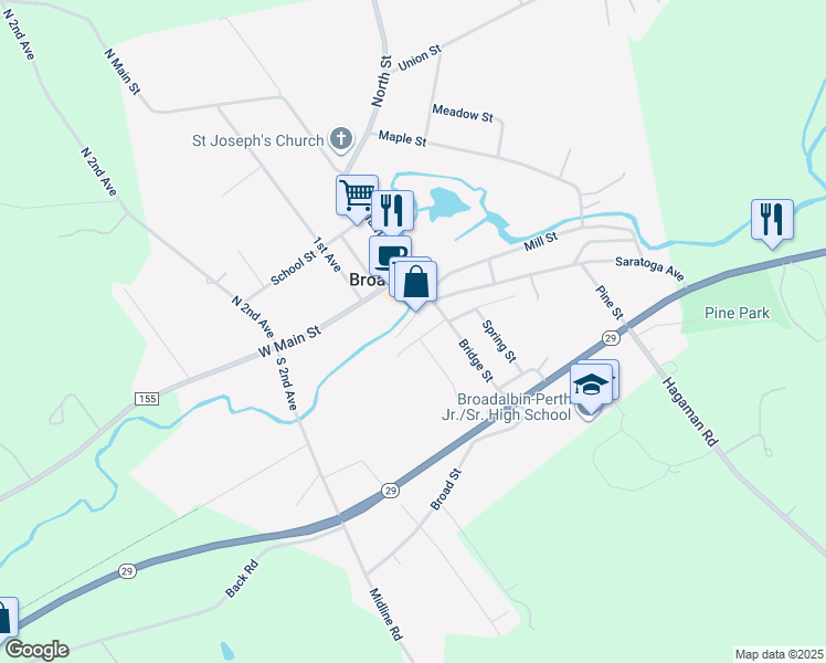 map of restaurants, bars, coffee shops, grocery stores, and more near 9 Railroad Street in Broadalbin