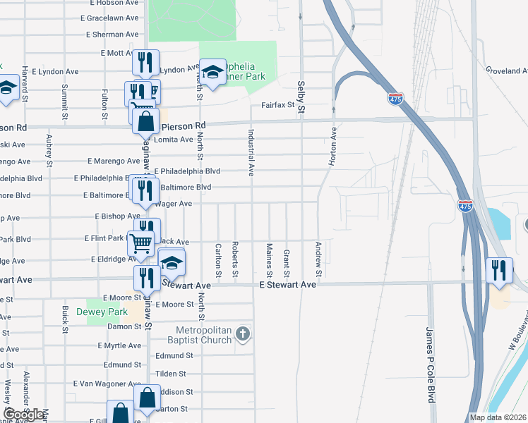 map of restaurants, bars, coffee shops, grocery stores, and more near 4622 Maines Street in Flint