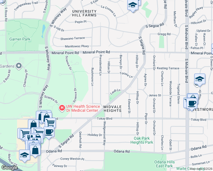 map of restaurants, bars, coffee shops, grocery stores, and more near 472 Hilton Drive in Madison
