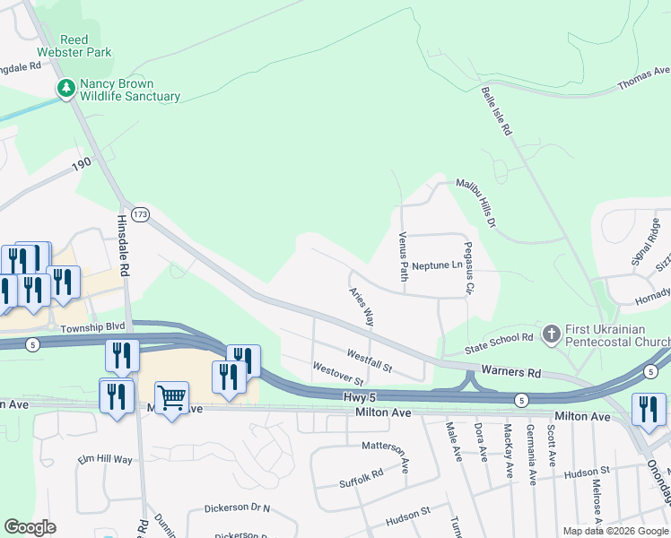 map of restaurants, bars, coffee shops, grocery stores, and more near 3815 Pegasus Circle in Syracuse