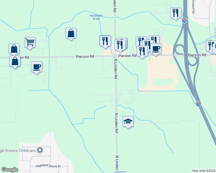 map of restaurants, bars, coffee shops, grocery stores, and more near 3415 North Linden Road in Flint
