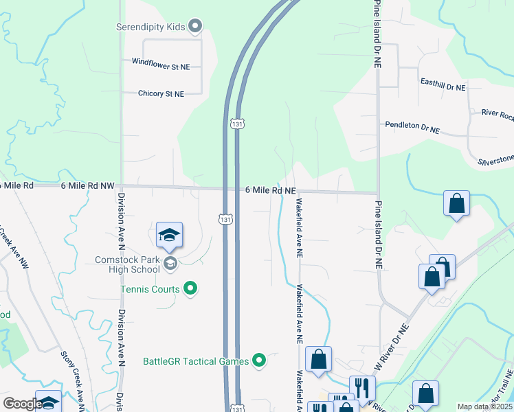 map of restaurants, bars, coffee shops, grocery stores, and more near 5183 Pleasant Creek Avenue Northeast in Comstock Park