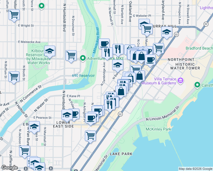 map of restaurants, bars, coffee shops, grocery stores, and more near 1945 North Bartlett Avenue in Milwaukee