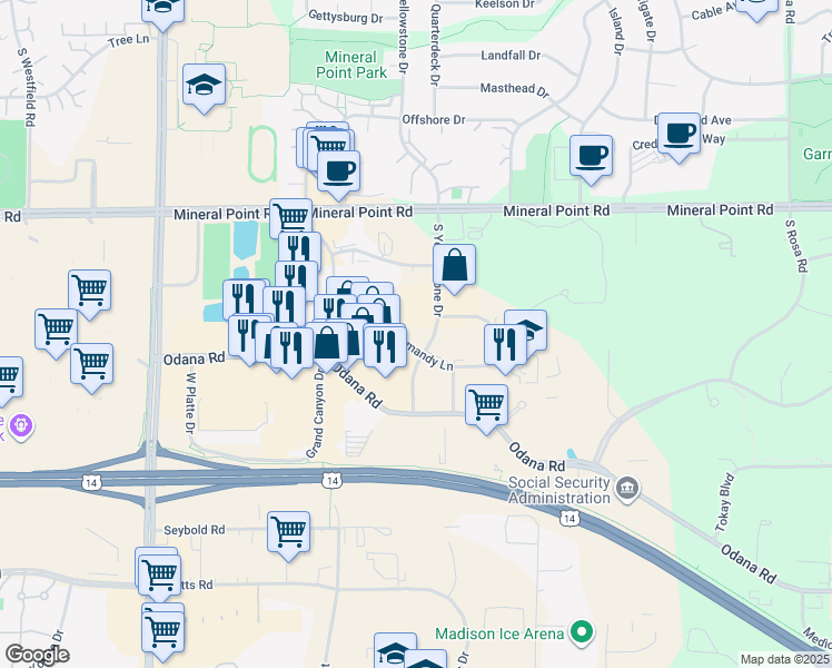map of restaurants, bars, coffee shops, grocery stores, and more near 6510 Normandy Lane in Madison