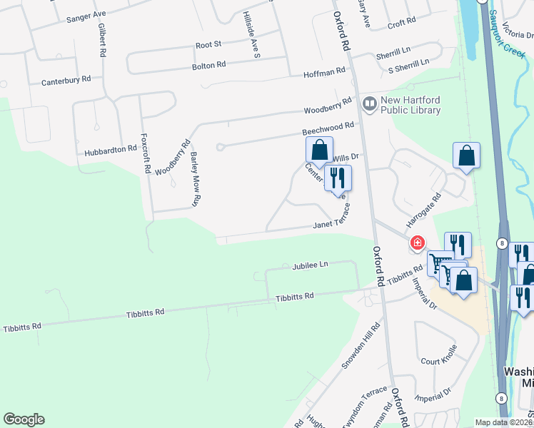 map of restaurants, bars, coffee shops, grocery stores, and more near 46 Wills Dr in New Hartford