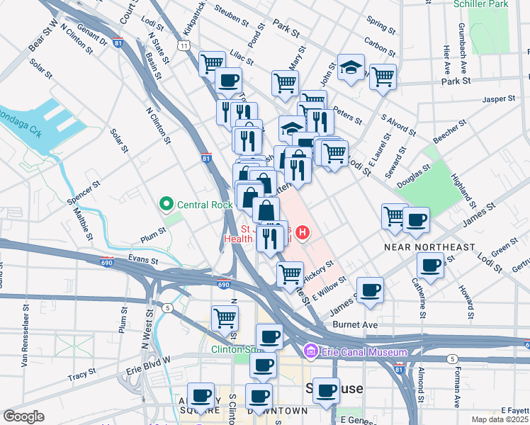 map of restaurants, bars, coffee shops, grocery stores, and more near 476 North Salina Street in Syracuse