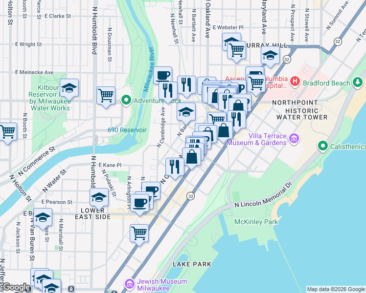 map of restaurants, bars, coffee shops, grocery stores, and more near 1969 North Oakland Avenue in Milwaukee