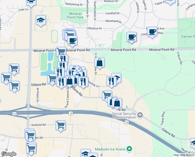 map of restaurants, bars, coffee shops, grocery stores, and more near 449 South Yellowstone Drive in Madison