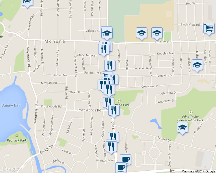 map of restaurants, bars, coffee shops, grocery stores, and more near 5725 Monona Dr in Monona