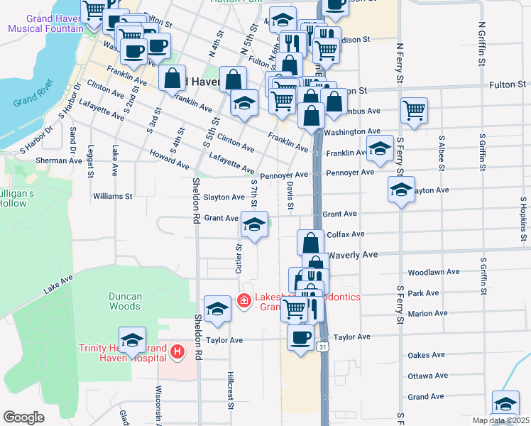 map of restaurants, bars, coffee shops, grocery stores, and more near 717 Grant Avenue in Grand Haven