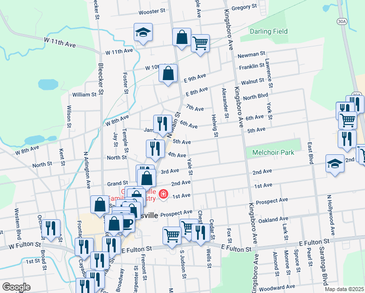 map of restaurants, bars, coffee shops, grocery stores, and more near 10 5th Avenue in Gloversville