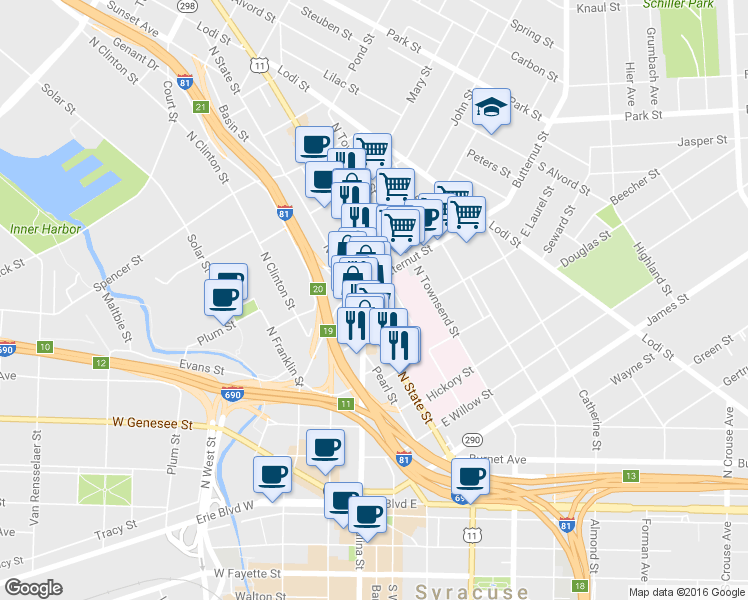 map of restaurants, bars, coffee shops, grocery stores, and more near 476 North Salina Street in Syracuse