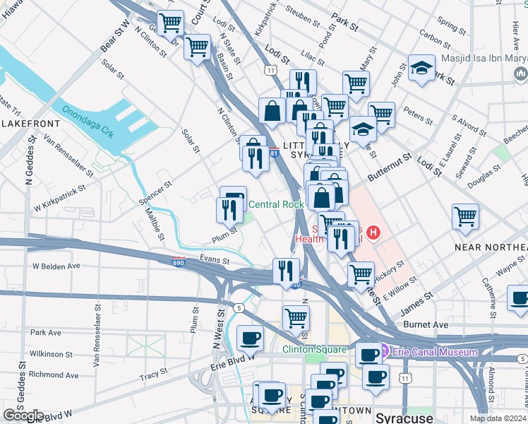 map of restaurants, bars, coffee shops, grocery stores, and more near 1 Dupli Park Drive in Syracuse