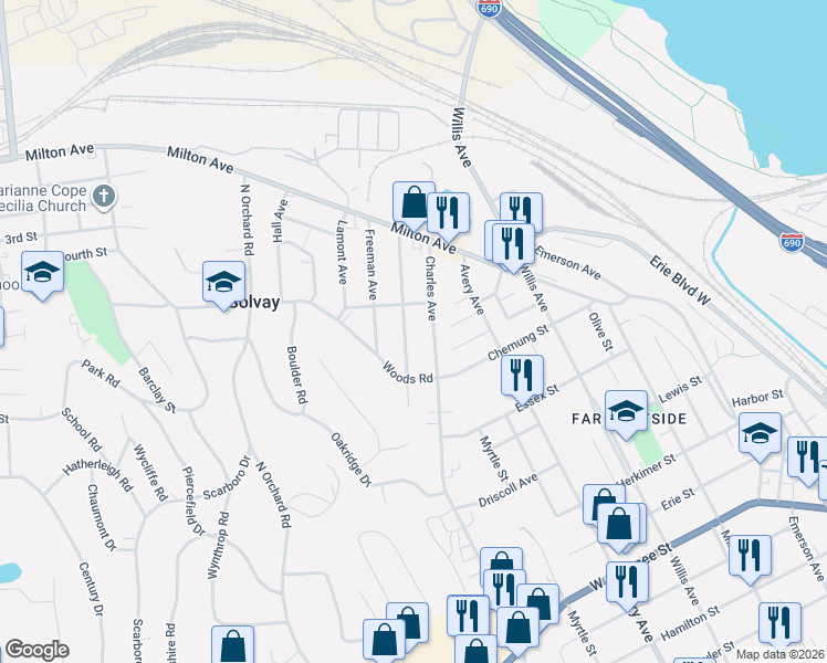 map of restaurants, bars, coffee shops, grocery stores, and more near 211 Caroline Avenue in Syracuse