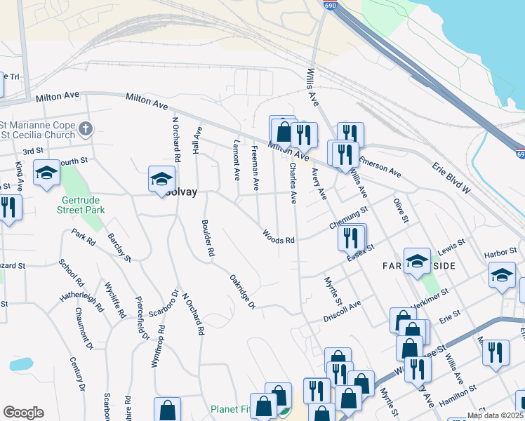 map of restaurants, bars, coffee shops, grocery stores, and more near 206 Freeman Avenue in Solvay