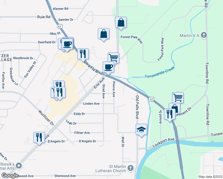 map of restaurants, bars, coffee shops, grocery stores, and more near 1333 Strad Avenue in North Tonawanda