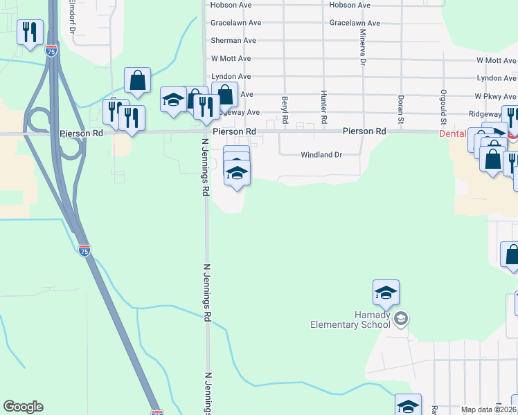 map of restaurants, bars, coffee shops, grocery stores, and more near in Flint