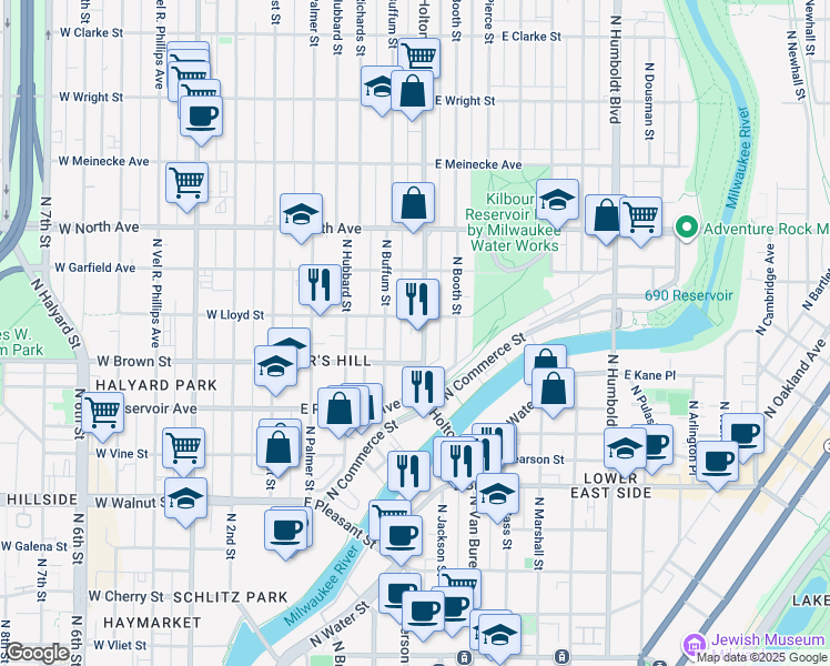 map of restaurants, bars, coffee shops, grocery stores, and more near 421 East Lloyd Street in Milwaukee