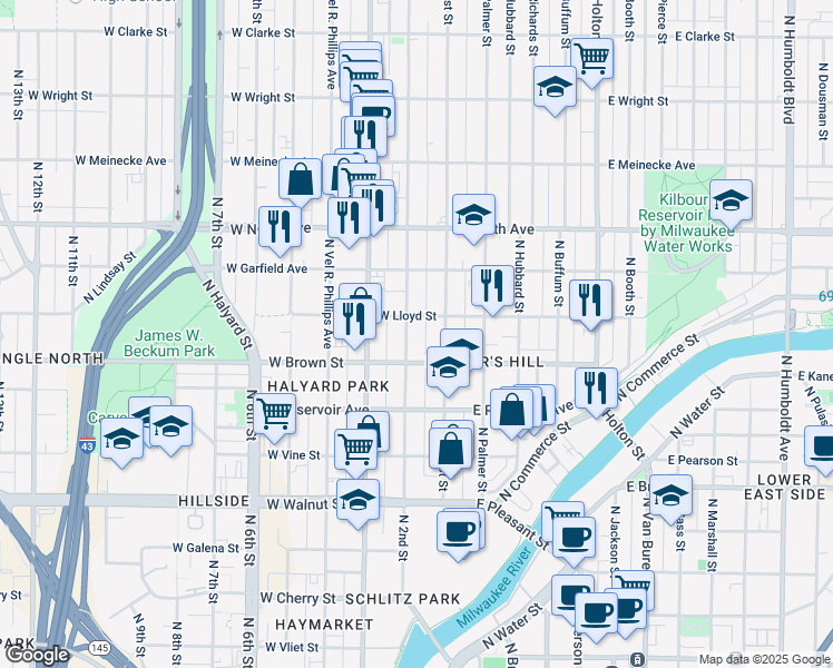 map of restaurants, bars, coffee shops, grocery stores, and more near 2044 North 2nd Street in Milwaukee