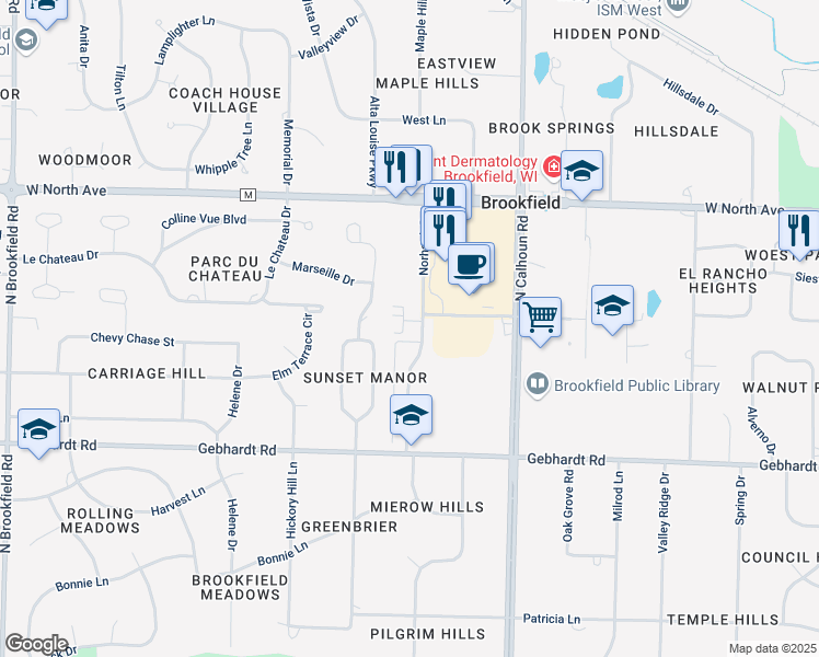 map of restaurants, bars, coffee shops, grocery stores, and more near 1995 Norhardt Drive in Brookfield