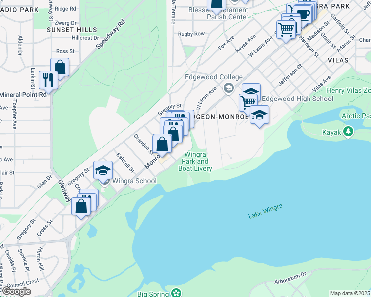 map of restaurants, bars, coffee shops, grocery stores, and more near 2602 Arbor Drive in Madison