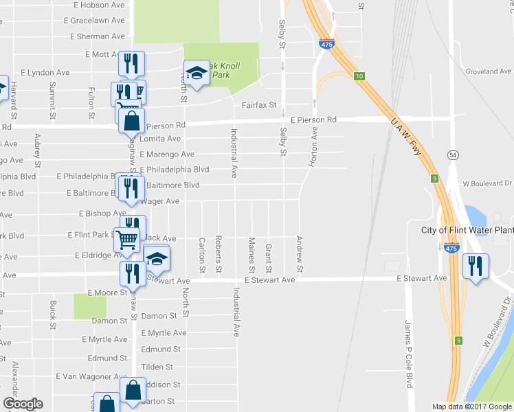 map of restaurants, bars, coffee shops, grocery stores, and more near 4622 Maines Street in Flint