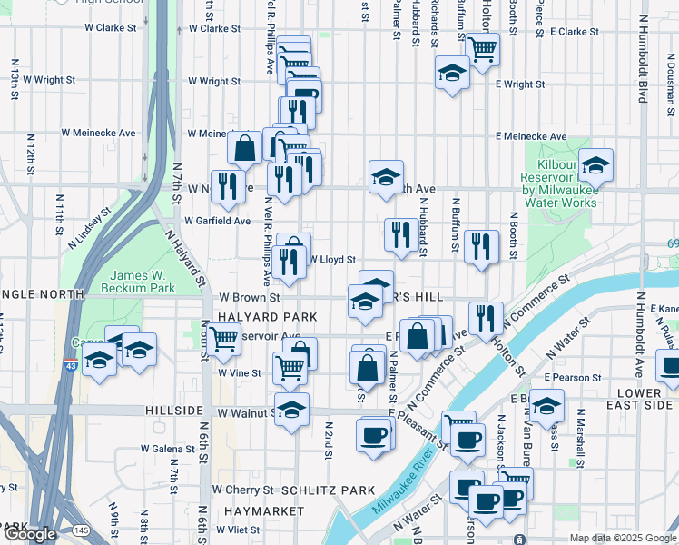 map of restaurants, bars, coffee shops, grocery stores, and more near 2044 North 2nd Street in Milwaukee