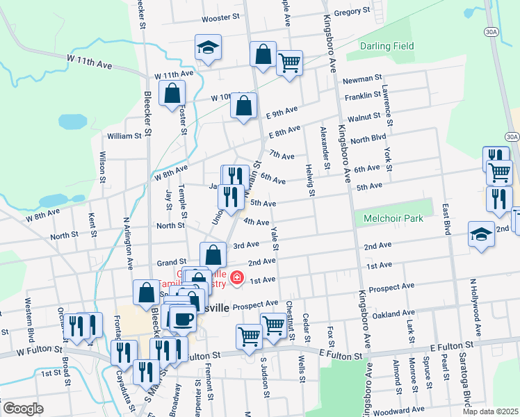 map of restaurants, bars, coffee shops, grocery stores, and more near 10 5th Avenue in Gloversville