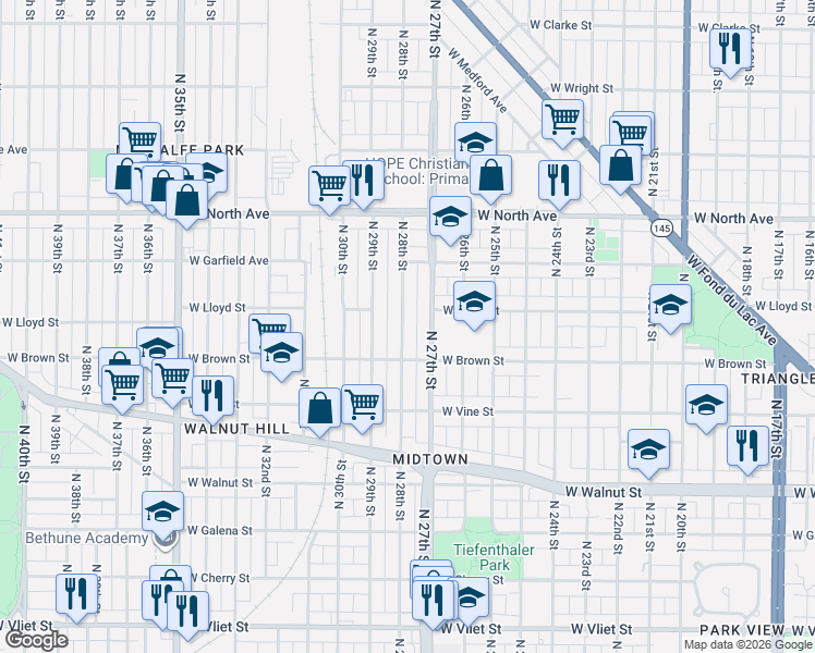 map of restaurants, bars, coffee shops, grocery stores, and more near 2051 North 27th Street in Milwaukee