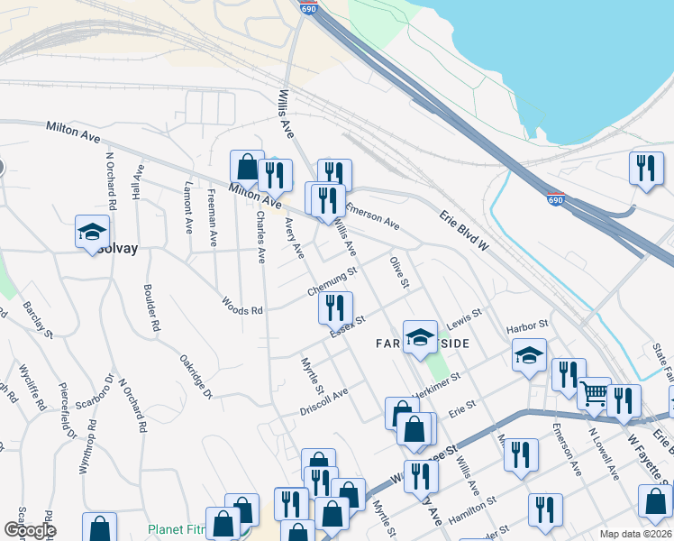 map of restaurants, bars, coffee shops, grocery stores, and more near 123 Gere Avenue in Syracuse
