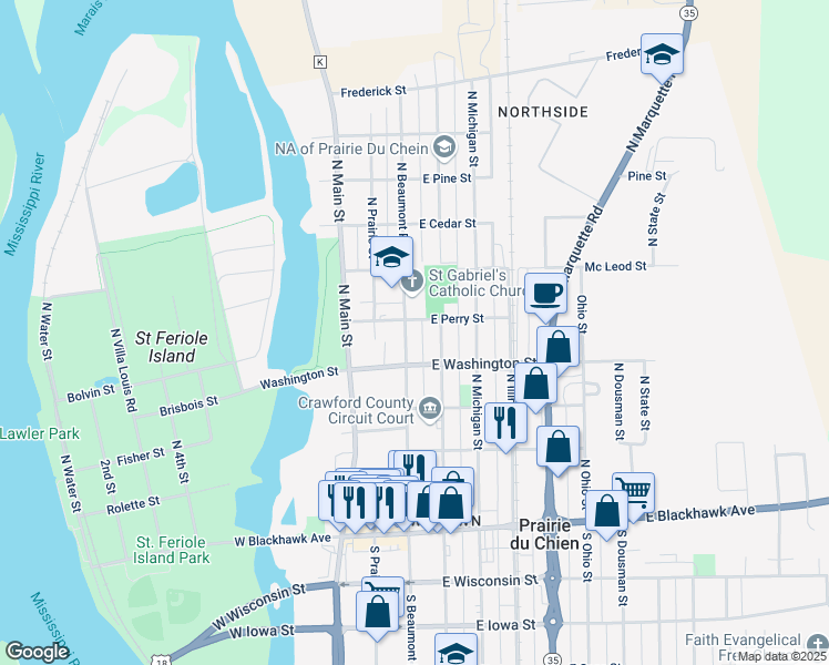 map of restaurants, bars, coffee shops, grocery stores, and more near 426 North Beaumont Road in Prairie du Chien