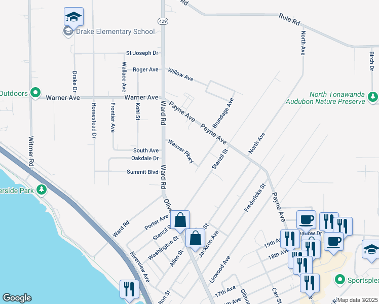 map of restaurants, bars, coffee shops, grocery stores, and more near 1383 Weaver Parkway in North Tonawanda