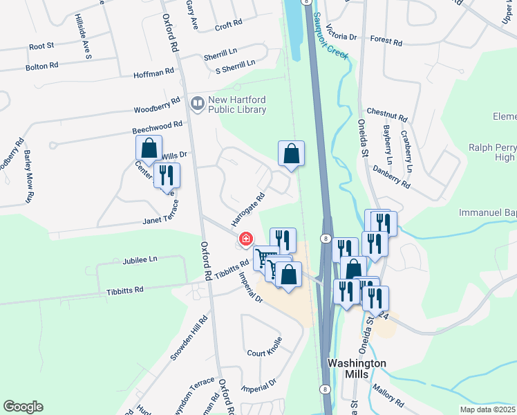 map of restaurants, bars, coffee shops, grocery stores, and more near 113 Harrogate Road in New Hartford