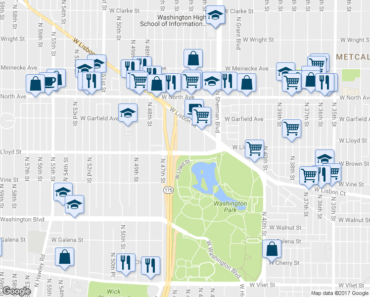 map of restaurants, bars, coffee shops, grocery stores, and more near 4512 West Lloyd Street in Milwaukee