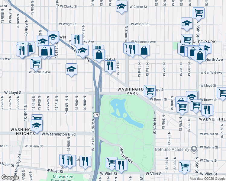 map of restaurants, bars, coffee shops, grocery stores, and more near 2121 North 44th Street in Milwaukee