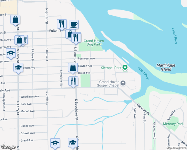 map of restaurants, bars, coffee shops, grocery stores, and more near 1604 Grant Avenue in Grand Haven