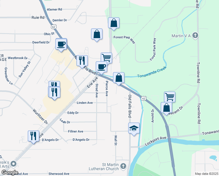 map of restaurants, bars, coffee shops, grocery stores, and more near 1346 Pierce Avenue in North Tonawanda