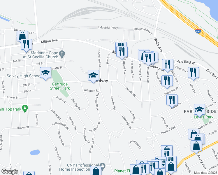 map of restaurants, bars, coffee shops, grocery stores, and more near 108 Boulder Road in Syracuse